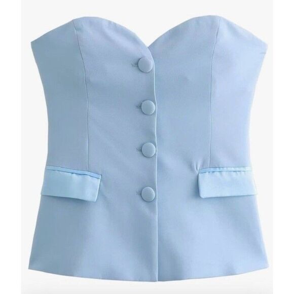 Strapless Blazer Tube Top Button Front Blue Women’s Medium - Picture 1 of 4